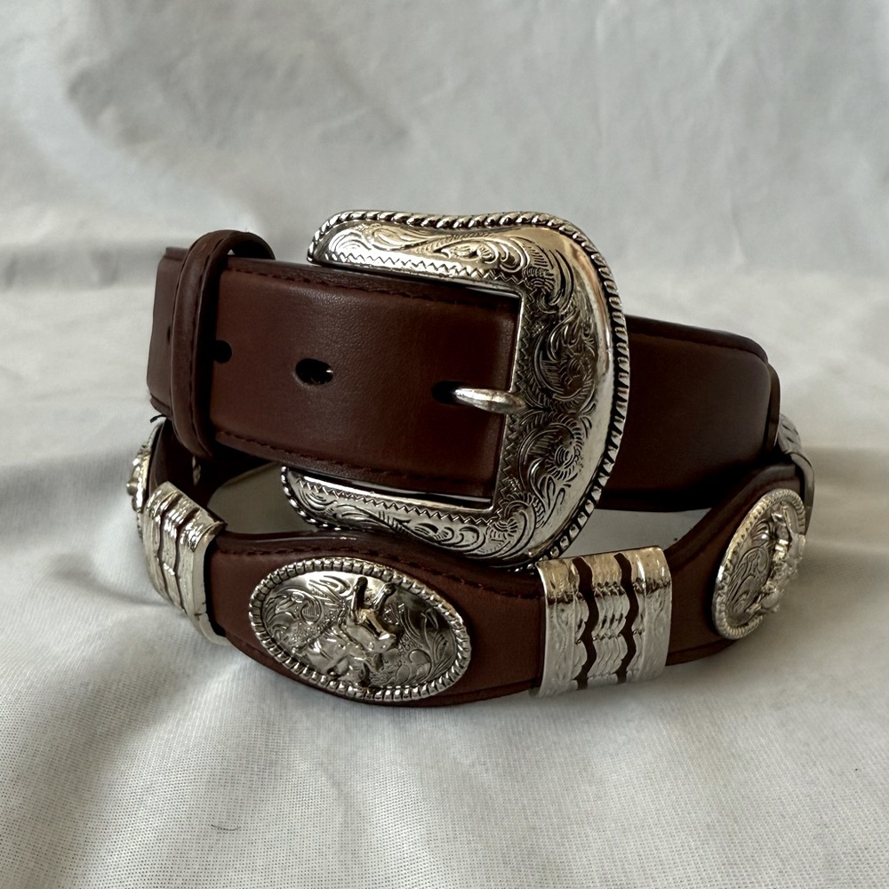 Rodeo season Leather Brown Western Belt with silver hardware